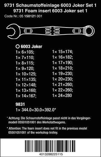 WERA 9731 Foam Lined Tool Set Adapts to 6003 Joker Set 1 Storage/Shockproof