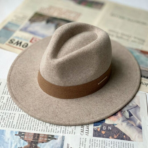 ALBINELE French new autumn and winter flat-brimmed woolen hat for men and women, fashionable wide brim black versatile European and American large head circumference camel mixed camel (fashionable) M size 54-57cm head circumference (regular) adjustable