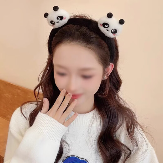 Mengkeduo Cute Plush Panda Hairband Women's Face Wash Mask Hairband Three-dimensional Cartoon Animal Hairpin Anti-Slip Headwear Plush Panda Hairband Black