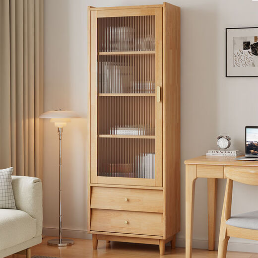 布欧格北欧书柜实木带玻璃门书橱简约现代储物柜客厅展示柜落地书架 长55CM宽35CM高166CM象牙白四层  