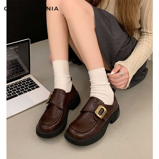 CAMILA KSENIA small leather shoes for women 2025 new versatile fashionable autumn non-slip thick sole retro soft British style soft sole loafers black 38