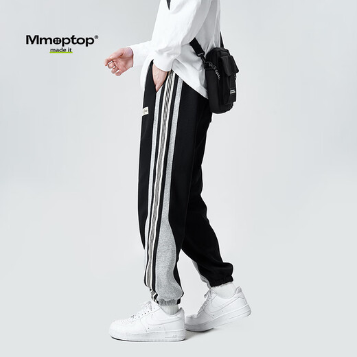 MMOPTOP潮流条纹束脚裤子男春夏季宽松阔腿运动休闲长裤CK652 黑色 L