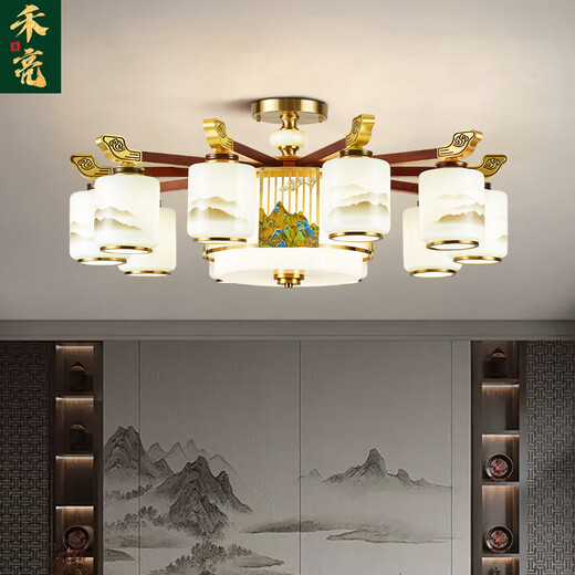 Heliang new Chinese chandeliers living room lamps, all copper solid wood, high-end villa duplex building hall headlights, dining room Chinese style 9906 Qianlijiangshan-copper+wood+iron+jade-40 heads