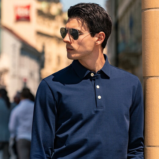 Mr. Bu spring and autumn style men's long-sleeved pure cotton T-shirt patented eight-character collar business casual men's clothing BT11972 deep sea blue XL (180)