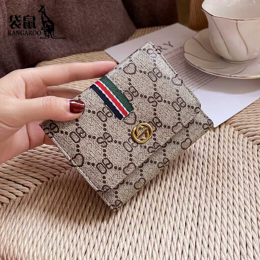 袋鼠（KANGAROO）折叠女士钱包女短款小众设计感2025新款时尚卡包女士精致迷你百搭 杏色(12卡位可放驾驶证)