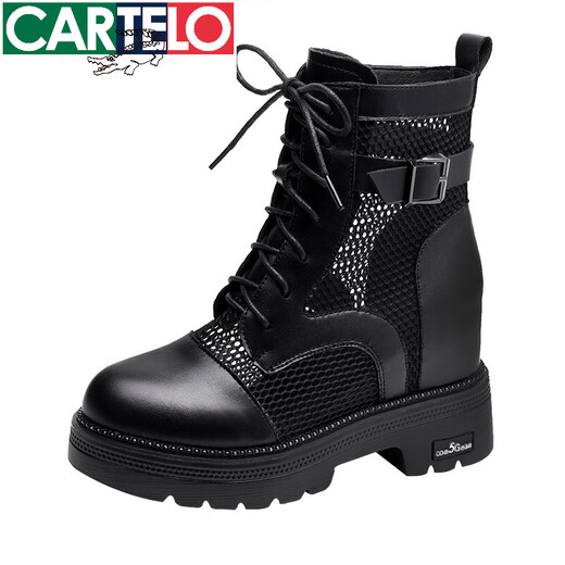 卡帝乐鳄鱼（CARTELO）2025夏季新款真皮马丁靴女潮百搭网纱凉靴透气内增高网靴子夏薄款 黑色 内增高款W211 35