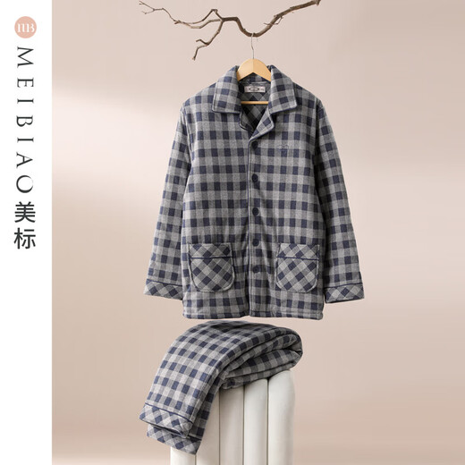 American Standard Couples Three-Layer Thickened Warm Padded Pajamas Set Women's Autumn and Winter Plaid Soft Cotton Can Be Weared Outside Home Clothes Men's Twilight Blue L
