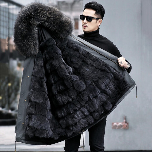 Aoerrun Haining 2023 winter new fur fox fur lining jacket men's removable fur one-piece coat mid-length dark gray shell haze blue fox fur lining 4XL155-170Jin [Jin equals 0.5 kg]