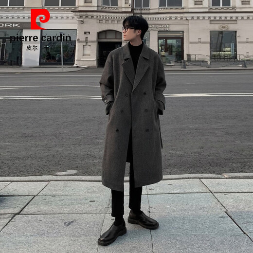 Pierre Cardin double-breasted extra-long coat for men over the knee, autumn and winter, slightly wide, British style, high-end, mid-length, high-heeled woolen windbreaker, trendy, dark gray M