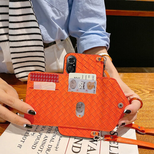 Lieehaen Huawei mobile phone case coin purse Honor woven crossbody strap card personalized creative leather women's small card holder wallet orange plaid woven pattern coin card bag + crossbody lanyard Honor 70 exclusive