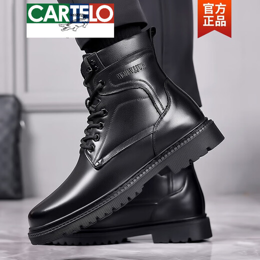 Cartelo Herren Schafwool Lint Schuhe echtes Leder Pure Cowhide Lederschuhe Winter warm und Samt mittleren Martin-Schneestiefel Lederstiefel 3518 [schwarzer Wolle flacher Sohle] 41