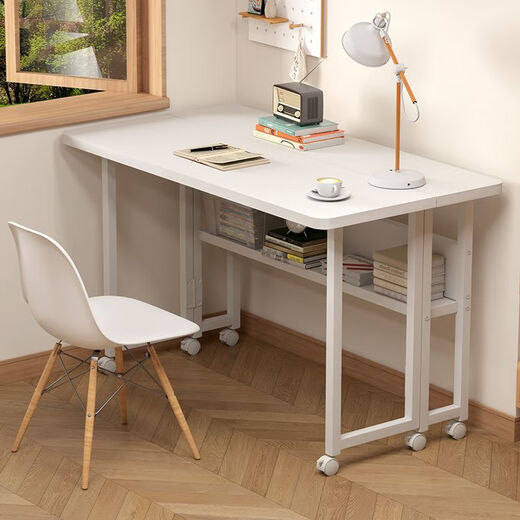 Puyos Folding Desk Home Bedroom Computer Desk Bedside Student Study Table Movable Wheeled Internet Celebrity Office Small Table Warm White Reinforced Steel Frame 23% Stable and Not Shaking Pulley Folding Bookshelf Model Length 80 Width 58 Height