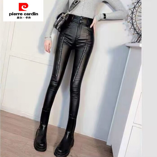 皮尔卡丹（pierre cardin）加绒显瘦时髦拉链机车仿皮裤女冬新款韩版高腰修身百搭小脚裤 腿拉链皮裤【9928款】 加绒 S 【80-95斤】卡码往大拍