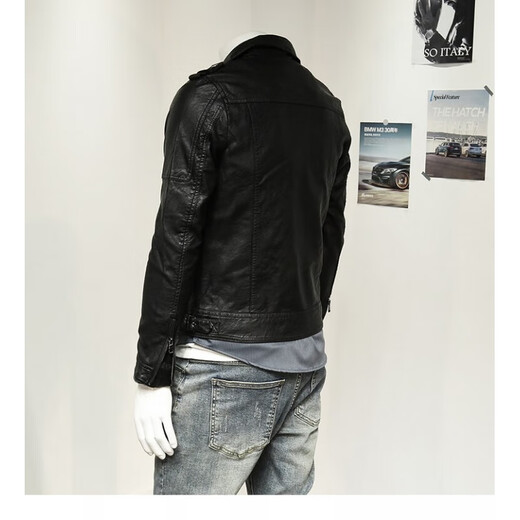 rowswell国潮伦复古斜拉链翻领皮夹克男 多口袋修身茄克个性帅气青年PU皮衣 黑色 2XL