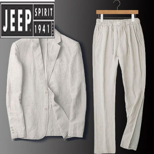 JEEP SPIRIT linen suit suit men's spring and autumn cotton and linen suit suit men's two-piece summer thin top and pants set Navy blue L 140-160Jin Jin equals 0.5 kg