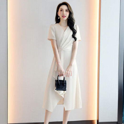 XHUE [100% Mulberry Silk] Heavy silk dress for women in summer brand high-end and elegant luxury exquisite skirt Beige L (recommended 108-118Jin [Jin equals 0.5 kg])