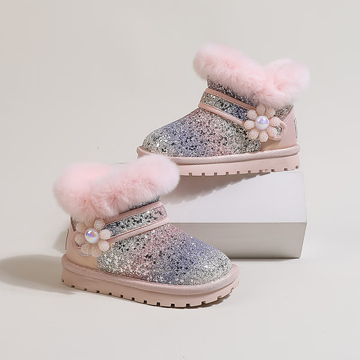 
Muni girls snow boots children's big cotton shoes 2025 new autumn and winter plus velvet fur integrated little girl baby boots Shining small flower pink size 32 size 20.5cm