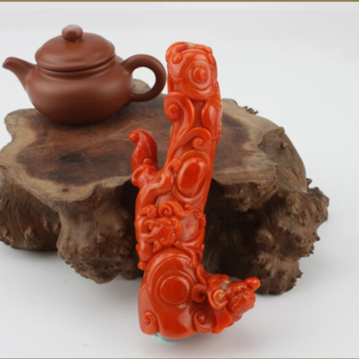 Classic natural Japanese Akko red coral hand-carved cologne handle pendant