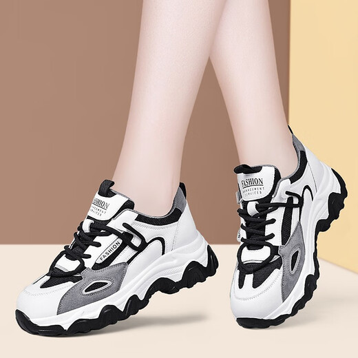 Guci HEAVEN 2024 new casual shoes for autumn women's shoes thick sole sneakers breathable and comfortable high heeled travel shoes 58309 black 37