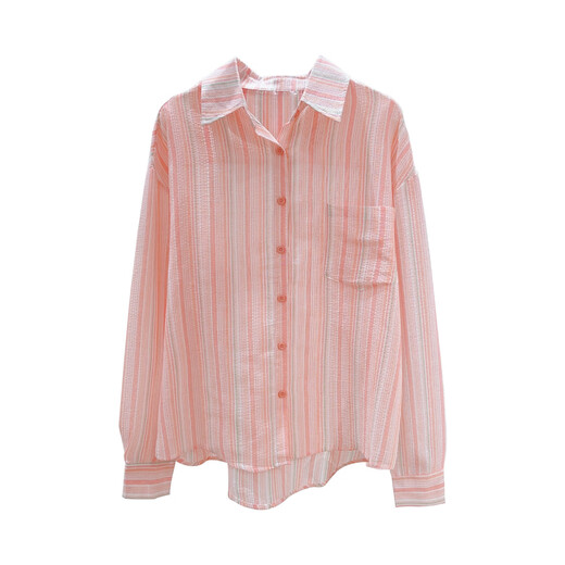 Striped cotton and linen shirts for women in spring and autumn, casual loose sunscreen long-sleeved shirts, thin tops, autumn jackets, trendy orange stripes M (95-130Jin Jin equals 0.5kg)