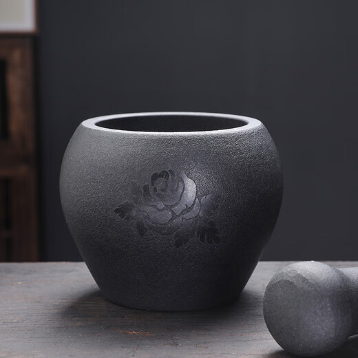Natural black gold stone garlic pounder garlic mortar stone mortar household medicine jar pounder garlic masher baby food supplement grinder black gold stone stone mortar outer diameter 13CM (for wealth)