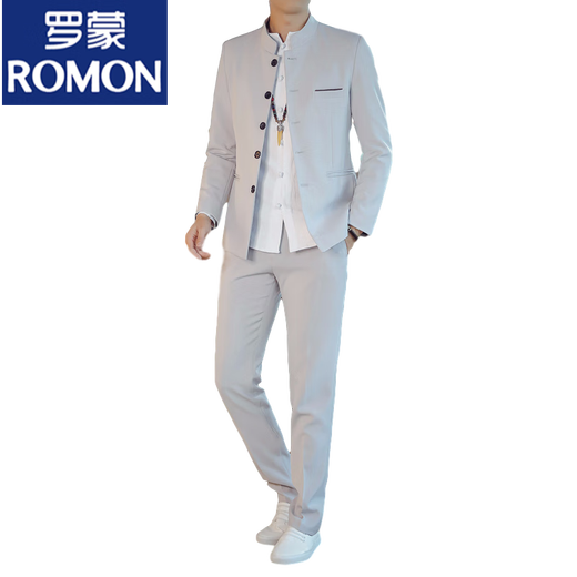 罗蒙（ROMON）中山装男青年中华立领西服套装男士唐装休闲外套男春秋季结婚礼服 107灰白色上衣+衬衫+裤子 XL