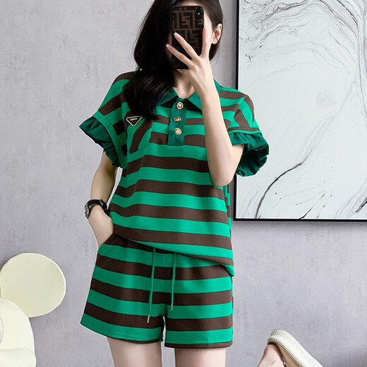 Yaoni dress new 2025 summer high-end fashion casual temperament polo collar knitted striped short-sleeved A-line skirt 9923 green and black suit L