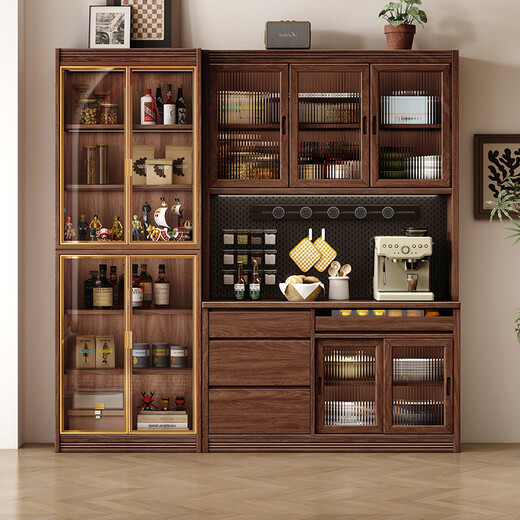 Small wooden sideboard integrated wall cabinet black walnut solid wood wine cabinet living room storage cabinet storage cabinet 1.6 meters three-door sideboard-without light combination
