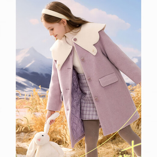 Radinka2025 new autumn and winter girls' woolen coat mid-length fashionable and stylish children's lapel woolen coat JWX taro purple (cotton lining) 160 cm