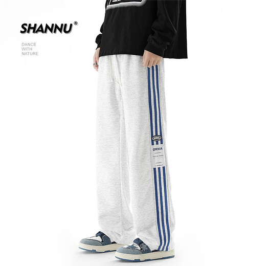 SHANNU American trousers men's autumn and winter velvet thickened casual sportswear straight trousers light gray XL