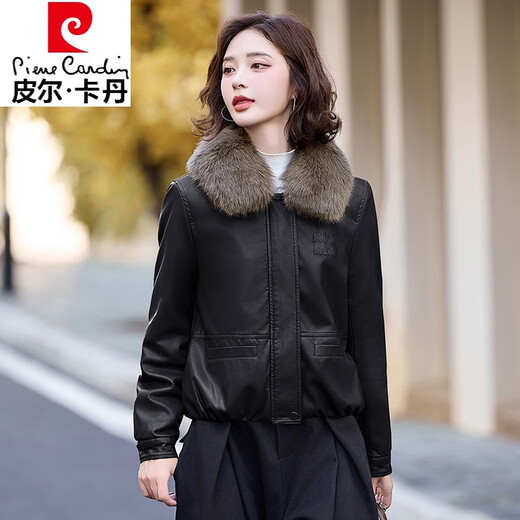 Pierre Cardin high-end leather short jacket for women winter new style detachable fur collar plus velvet thickening small PU leather cotton jacket brown plus coffee fur collar 2XL 130Jin Jin equals 0.5kg -140Jin Jin equals 0.5kg