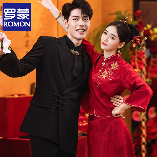 ROMON New Chinese tunic suit suit men's wedding wedding groom engagement dress Tang suit suit jacket black jacket + pants XL