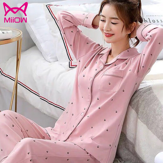 Cat Man (Miiow) Schlafte Frauen koreanischer Stil reine Baumwolle Langarm Cardigan Hosen Hülle großer Spring- und Herbst 2025 Strickjacke: 5009 Cherry L95-115