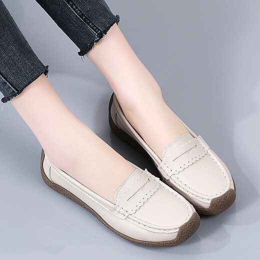 Mom's shoes spring and autumn super soft sole comfortable single shoes middle-aged and elderly women's shoes non-slip granny shoes ladies genuine leather beanie shoes khaki 36