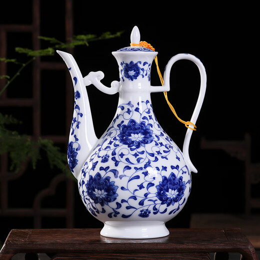 Xihe Yinyao Xihetang Jingdezhen Ceramic Wine Set Liquor Goblet Spirit Cup Blue and White Flask Set Wine Cup Tangle Lotus Style (1 Pot, 10 Cups, 1 Tray)