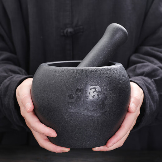 Natural black gold stone garlic pounder garlic mortar stone mortar household medicine jar pounder garlic masher baby food supplement grinder black gold stone stone mortar outer diameter 13CM (for wealth)