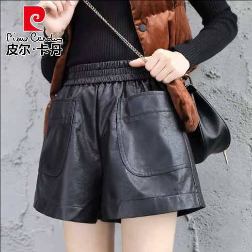 Pierre Cardin 2025 Autumn and Winter New Versatile Outerwear PU Leather Shorts for Women Fat mm Elastic Waist 200 Jin Jin equals 0.5 kg Loose and slimming wide legs 6689 black L Recommended 90-110 Jin Jin equals 0.5 kg