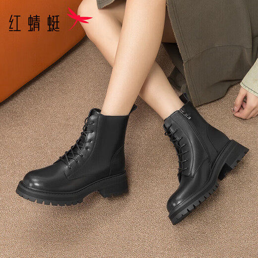 Red Dragonfly Martin boots women's autumn and winter warm thick-soled British style short boots casual slim boots WTC43480 black velvet lining 37