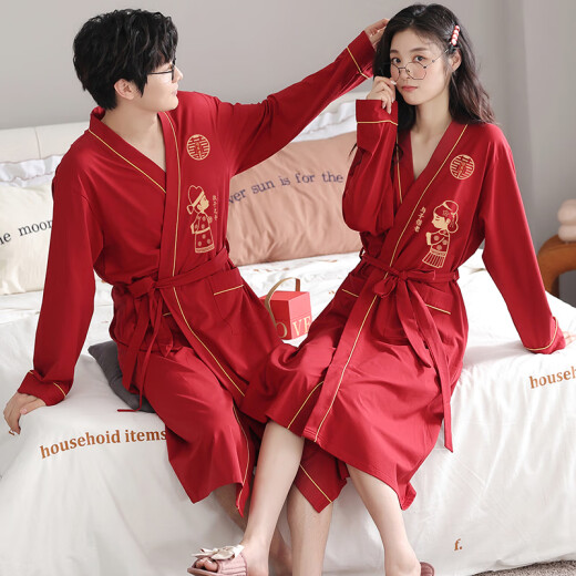 浪莎（LangSha）红色结婚情侣睡袍一男一女纯棉喜庆新婚睡衣浴袍家居服高档礼盒装 9928【礼盒装】 女M+男XL