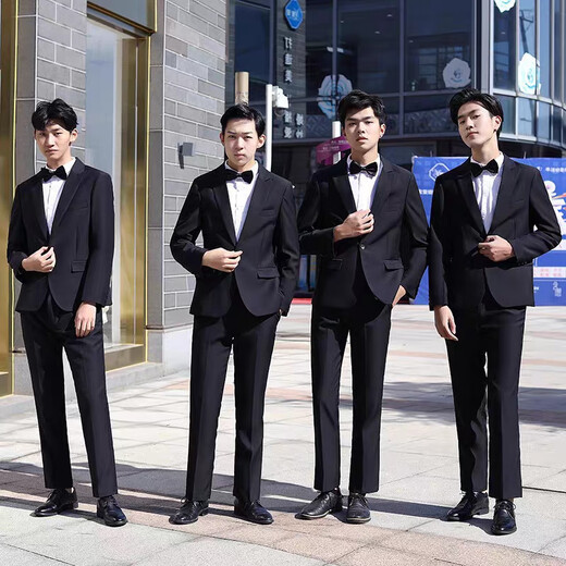 Rent groomsmen suit three-piece suit for spring, autumn and winter groom wedding graduation interview brother formal chorus men's dress rent/black jacket + black trousers + white shirt + bow tie 5XL