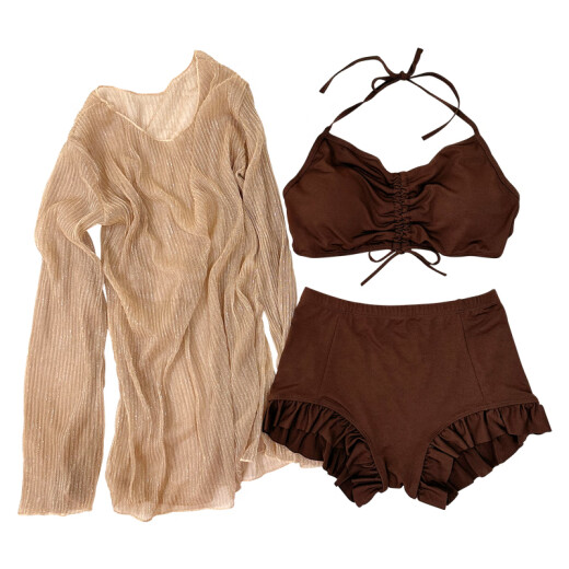 Charming swimsuit for women Xia Xin split sexy swimsuit to cover the flesh and make the body look slimmer and longer, sun protection blouse for students, conservative pure cotton brown (three-piece set) S (80-90Jin [Jin equals 0.5 kg])