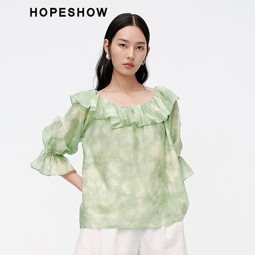 Das gleiche Verschüttungs-gedruckte Design-Chiffon-Shirt in Hongshe Einkaufszentrum 2024 New Damen Ruffle One-Shoulder Top Jiangnan Yanyu 687 XL