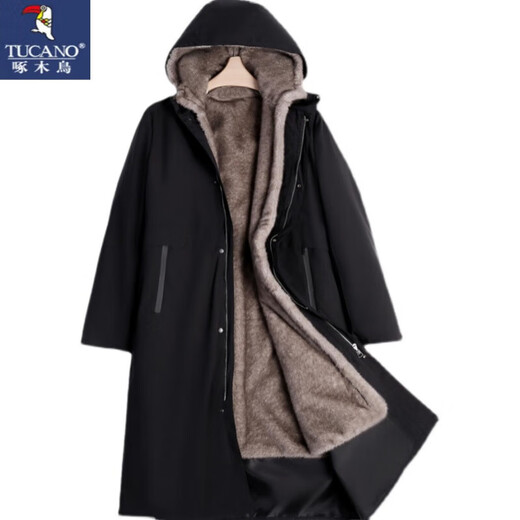 啄木鸟（TUCANO）皮毛一体派克服男士貂皮内胆中年大码连帽尼克服加厚外套大衣冬季 黑色(长款尼克服) XL 120-135斤