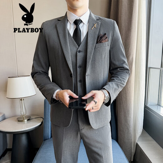 Playboy (PLAYBOY) suit men's new slim jacket groom wedding dress business professional formal British small suit black XL