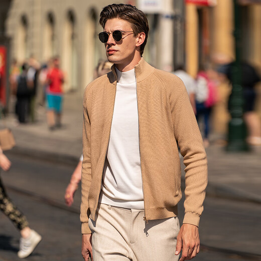 
Mr. Cloth Zipper Collar Knit Cardigan Men's Spring and Autumn New Long Sleeve Wool Jacket BT12300 Break-Code Clearance Light Flower Camel XL (180)