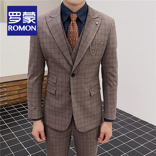 
ROMON (ROMON) suit men's business casual plaid suit men's banquet hosting formal suit handsome suit suit dress gray [suit + vest + trousers] XL