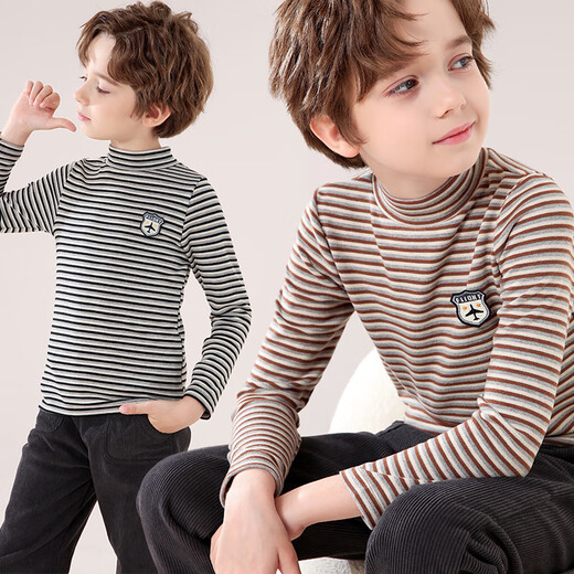 Domiaowu Boys' Bottoming Shirt Children's Autumn and Winter Long Sleeve Thickened Velvet T-shirt Big Children's Warm Top Boys' Autumn Clothes Thickened Velvet-Light Gray 170