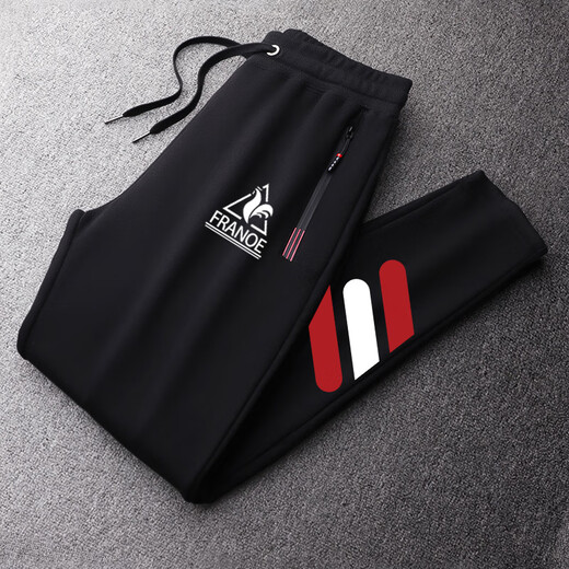 Le coq sportif French big cock casual sports pants for men in spring, autumn and winter new fashion versatile running leggings long pants black non-velvet flat-leg sweatpants red and white three stripes 3XL recommended 180-200Jin Jin equals 0.5 kg