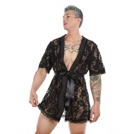 Long Night Men's Sexy Nightgown New Men's Super Sexy Lace Transparent Thong Bathrobe Home Clothes Suit See-through Seduction S