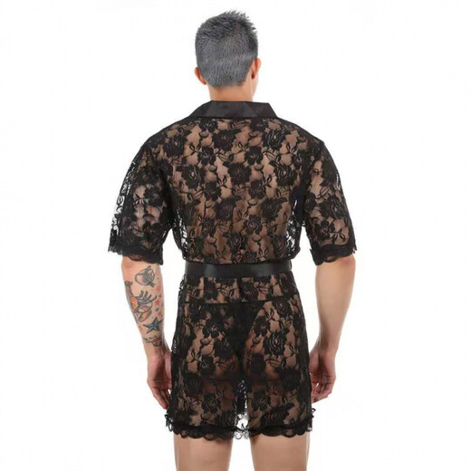 男 情趣睡袍新款男士超性感蕾丝透明丁字裤浴袍居家服套装透视诱 g023蕾丝睡袍 S